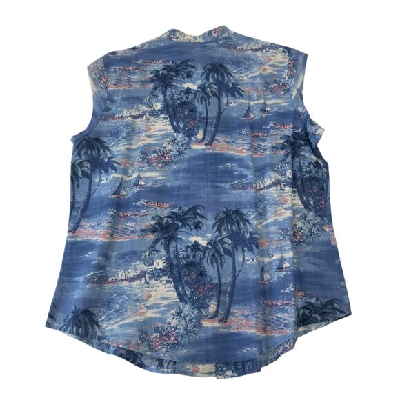 Liz Claiborne Women SZ M Sleeveless Collared Blue Hawaiian Print Blouse - Picture 9 of 10